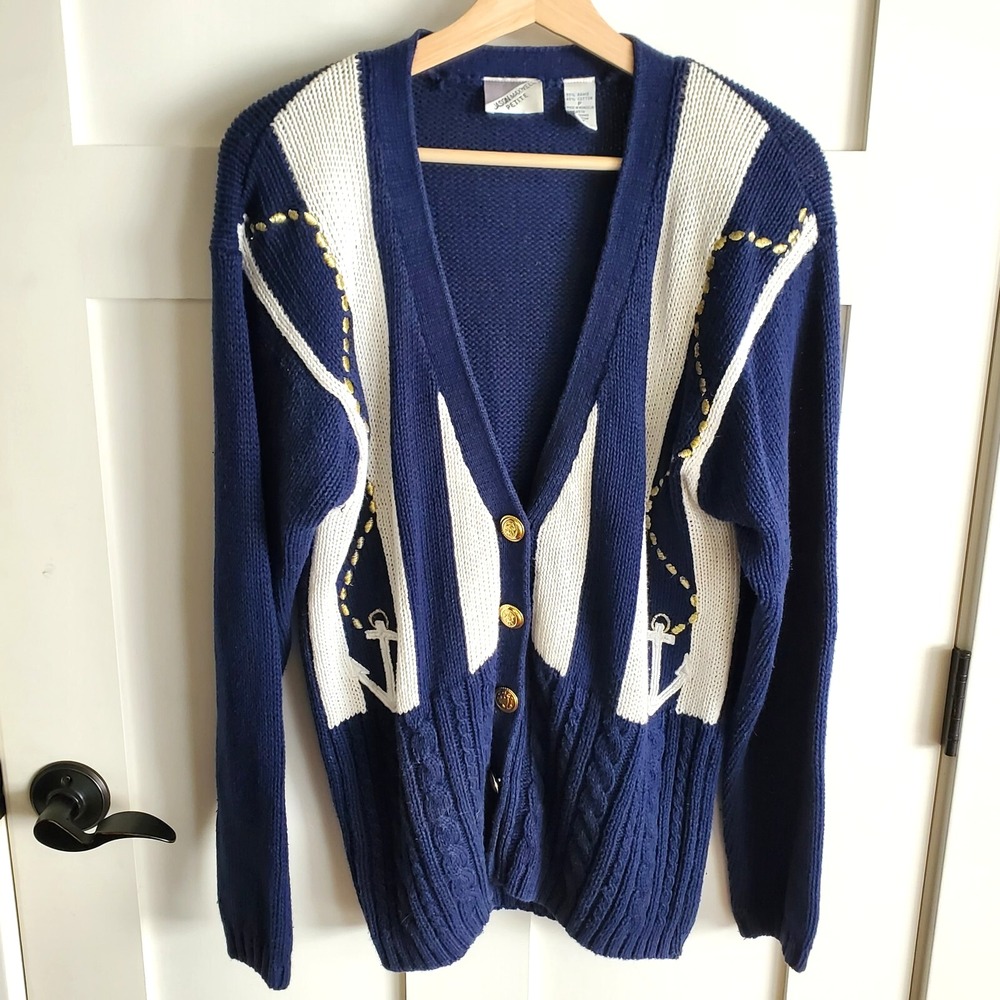 VINTAGE Cardigan Womens Small PETITE PS Embroidered Anchor Gold Buttons Nautical
